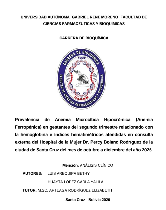 					Ver Vol. 1 Núm. 5 (2026): Prevalencia de Anemia Microcítica Hipocrómica (Anemia  Ferropénica) en gestantes del segundo trimestre relacionado con  la hemoglobina e índices hematimétricos atendidas en consulta  externa del Hospital de la Mujer Dr. Percy Boland Rodríguez de la  ciudad de Santa Cruz del mes de octubre a diciembre del año 2025.
				