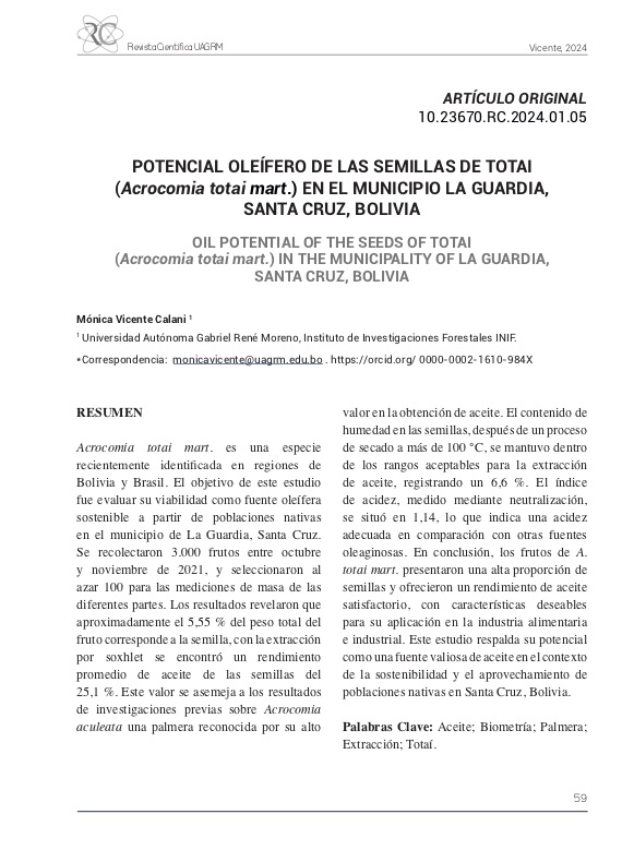 OIL POTENTIAL OF THE SEEDS OF TOTAI (Acrocomia totai mart.) IN THE MUNICIPALITY OF LA GUARDIA, SANTA CRUZ, BOLIVIA