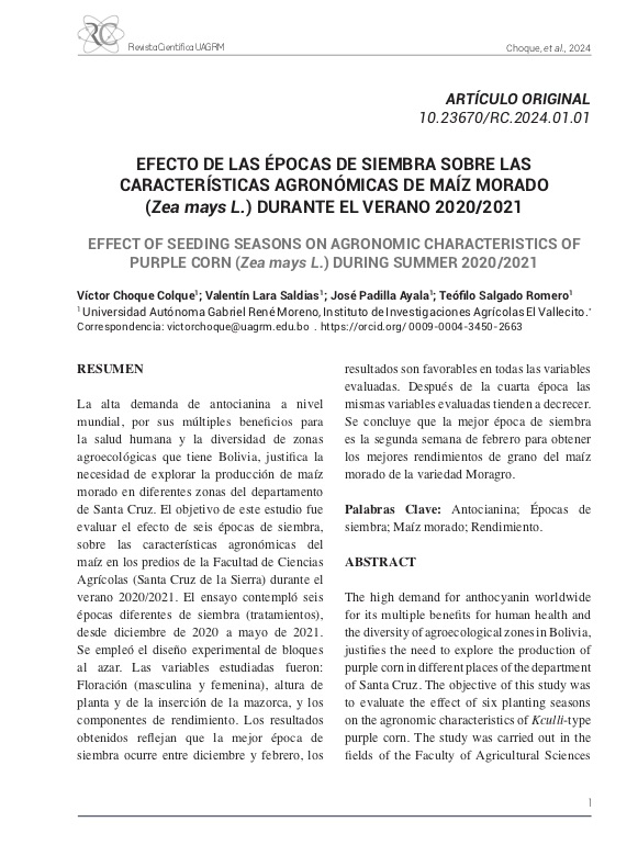 EFECTO DE LAS ÉPOCAS DE SIEMBRA SOBRE LAS CARACTERÍSTICAS AGRONÓMICAS DE MAÍZ MORADO (Zea mays L.) DURANTE EL VERANO 2020/2021
